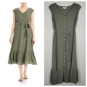 Nanette Lepore Size 8 Sleeveless Midi Dress Button Front Ruffle Hem Olive Green